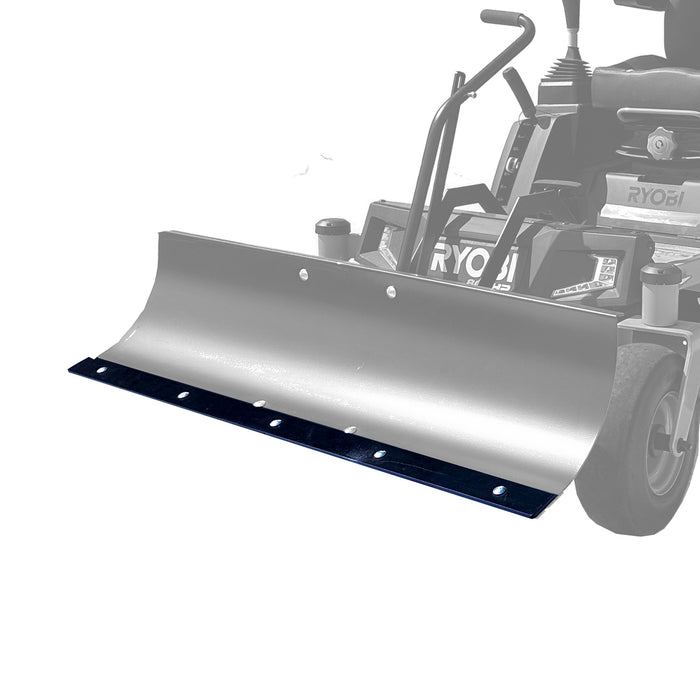 A 42 painted Wear Bar by Brinly Parts attaches to the front of a Ryobi riding lawn mower, featuring a curved metal blade for efficient snow removal, with the mowers steering handles and wheels visible in the background.