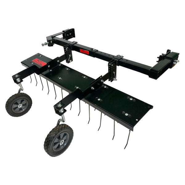 Metal yard rake attachment with two rubber wheels, black frame, and adjustable tines. Designed for landscaping and lawn care. Suitable for attachment to various equipment for debris collection and surface leveling.