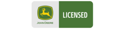The image shows a logo featuring a yellow deer leaping on a green background. To the right, it says LICENSED in white on a green background. Below the logo, the name John Deere appears in green text.