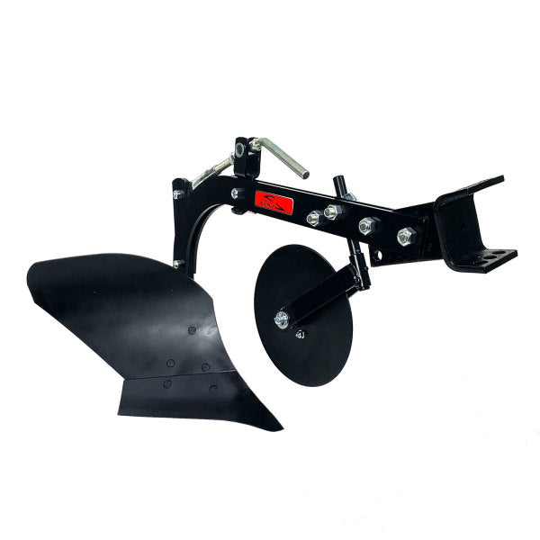 A black metal plow attachment with a curved blade and circular disc. It features mounting brackets and bolts for attachment to machinery, designed for agricultural use in tilling soil. The image shows the plow against a white background.
