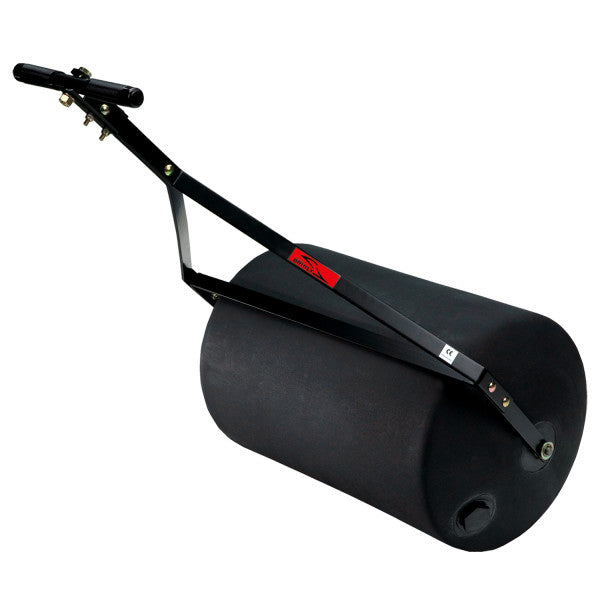 A black lawn roller with a sturdy metal handle and a cylindrical drum. The handle has an attached bracket for secure gripping. Theres a red label on the side and a fill hole at the base, used for adding weight with water or sand.