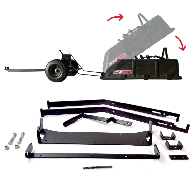 Illustration of a black dump trailer with a tipping mechanism shown by red arrows. Various black metal components, bolts, and a drill bit are displayed below, likely parts for assembly or installation.