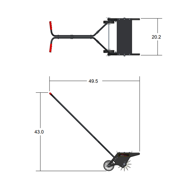 Technical diagram of a wheeled device with dimensions. Top view shows a handle with red grips and a flat base measuring 20.2 units wide. Side view shows a long handle at 49.5 units in length and a height of 43.0 units.