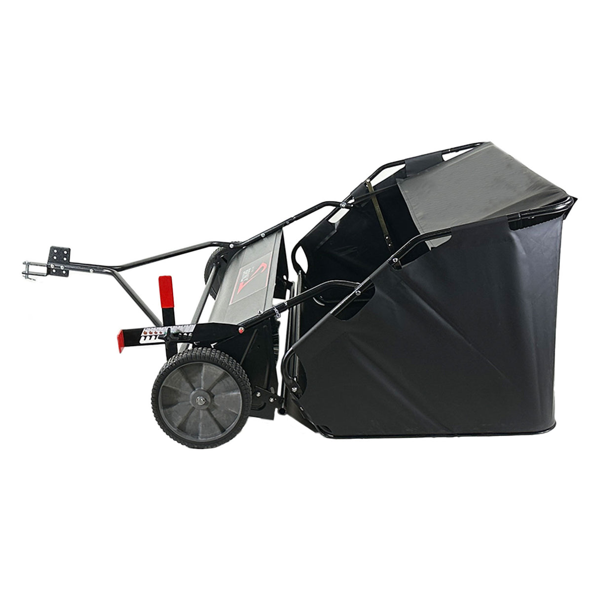 Side view of Brinly Parts 54 Lawn Sweeper LS2-54BH-G in black, showcasing its double-helix brushes, debris bag, and large wheels. This tow-behind model includes a tow bar for vehicle or tractor attachment, ideal for efficiently collecting grass clippings and leaves.