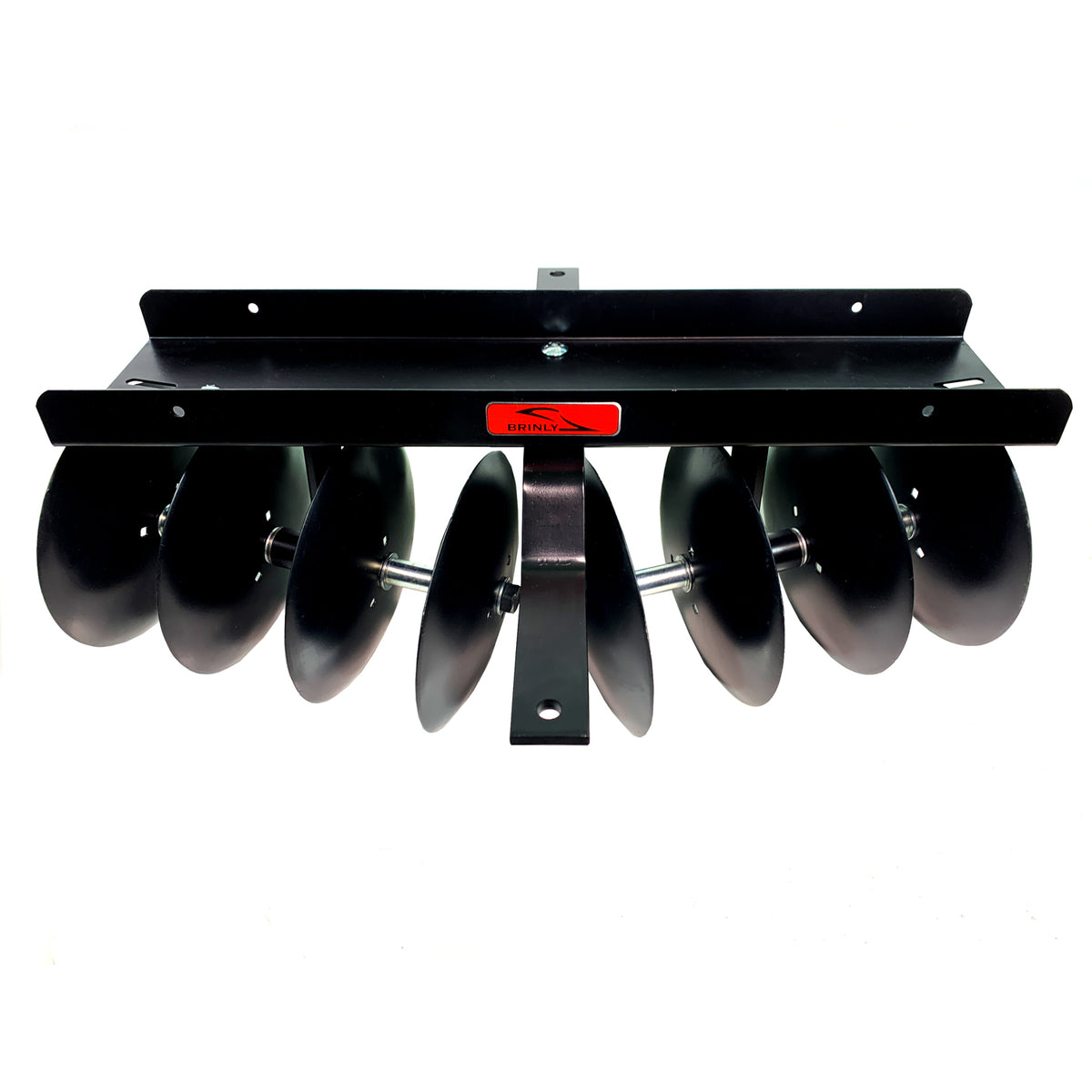 The Brinly Parts Sleeve Hitch Disc Harrow | DD-551BH is a black metal attachment with eight round blades on a horizontal bar and adjustable disc angles for efficient soil prep, shown front-facing against a white background.