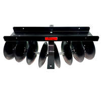 The Brinly Parts Sleeve Hitch Disc Harrow | DD-551BH is a black metal attachment with eight round blades on a horizontal bar and adjustable disc angles for efficient soil prep, shown front-facing against a white background.