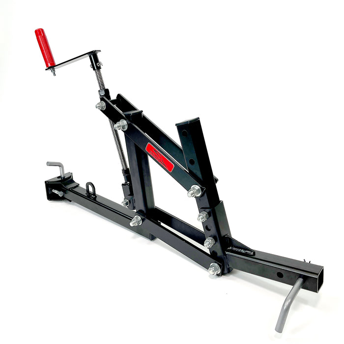 The Brinly Parts Universal ATV/UTV One-Point Lift is a black metal lift with a red handle, adjustable arms, and mounting hardware—ideal for securing Brinly ground engaging products. Shown on a plain white background.
