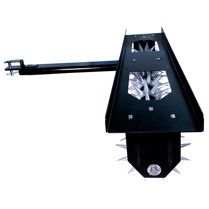 The Brinly Parts 40″ Tow-Behind Spike Aerator with Wide Channel Tow Bar (SA2-40BH-G) features a durable black frame and pointed spikes, perfect for effective lawn aeration. Ideal for easy attachment to your mower, shown isolated on a white background.