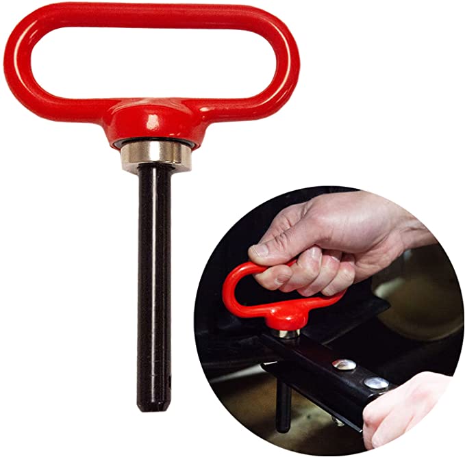A red T-handle hitch pin is shown. It includes a close-up of a person’s hand using it to secure a trailer.