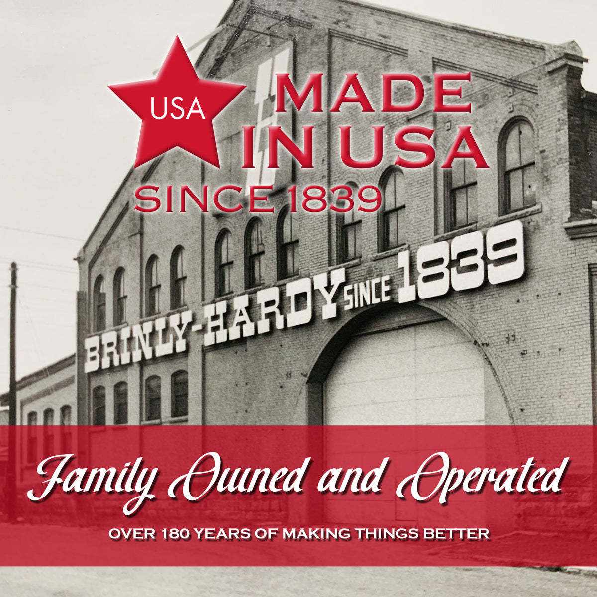 Historic brick building with “BRINLY-HARDY SINCE 1839” signs. Red overlay: “Brinly Parts, USA Made, Family Owned 180+ Years.” Highlights Universal ATV/UTV One-Point Lift for Brinly Ground Engaging Products.