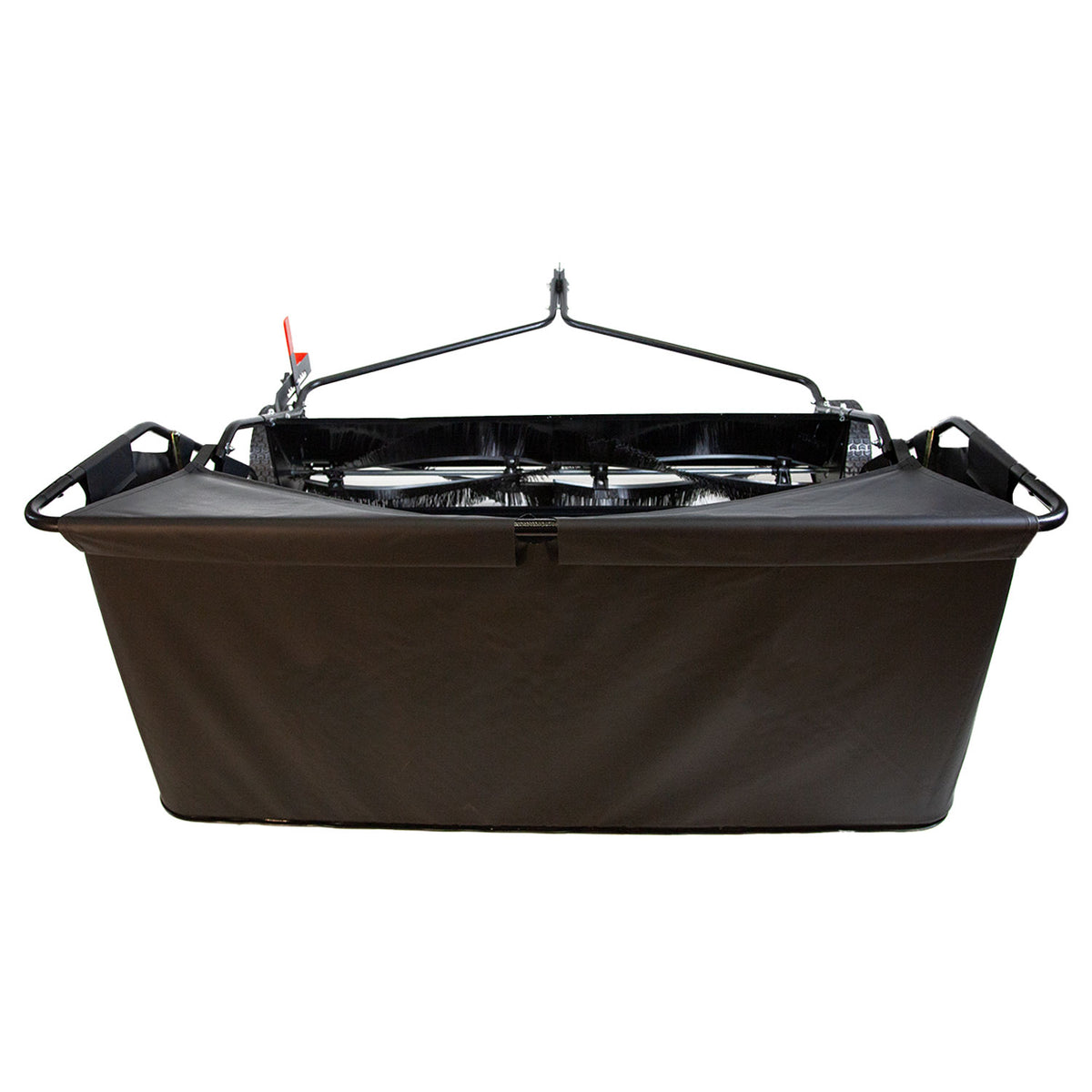 A black, rectangular collapsible water tank with a metal frame and side handles perfectly complements the Brinly Parts 54″ Lawn Sweeper LS2-54BH-G with its versatile, portable utility, even when empty.