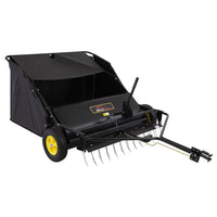 The Brinly Parts 42″ Lawn Sweeper with Dethatcher (STS-42BHDK-A) features a large collection bag, yellow wheels, front metal tines for dethatching, and attaches to your lawn tractor to easily clear grass clippings and debris.