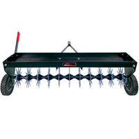 The Brinly Parts 40 Tow-Behind Spike Aerator (SAT2-40BH-P) features a sleek black design with a striking red handle, optimal soil penetration spikes, and transport wheels. Its double tow bar allows easy attachment to garden equipment for improved lawn root systems.
