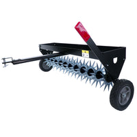 The Brinly Parts 40″ Tow-Behind Spike Aerator (SAT2-40BH-G) features spiked rollers, transport wheels, and a wide channel tow bar for efficient lawn aeration when attached to your garden tractor or mower.