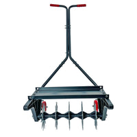 The Brinly Parts 18 Push Spike Aerator features 3D galvanized steel tines, a black steel frame, red handle grips, and a cylindrical roller with sharp spikes for efficient lawn aeration.
