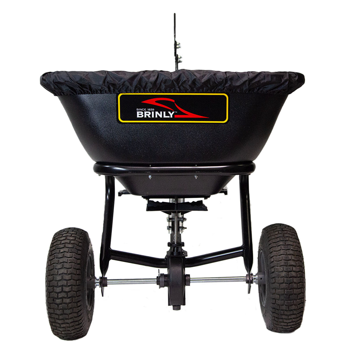 Front view of the Brinly Parts 125 LB. Tow-Behind Deluxe Spreader (BS261BH-A) with large tires and a durable polyethylene hopper, perfect for spreading seed, fertilizer, or ice melt during lawn care. Extended handle and cover included.