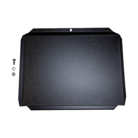 Black metal mounting bracket with a hole for hanging, shown against a white background. A small screw, nut, and washer are placed beside the bracket.
