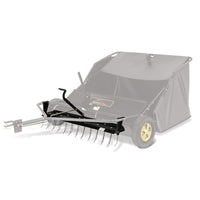 The Brinly Parts 42″ Lawn Sweeper with Dethatcher (STS-42BHDK) features a dark fabric bag, yellow wheels, and a metal rake with multiple tines. It attaches to the sweepers front, enhancing turf health by efficiently gathering debris.