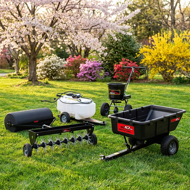 A set of lawn care tools, including a roller, aerator, sprayer, spreader, and utility cart, arranged on green grass in a garden with flowering trees and shrubs in the background.