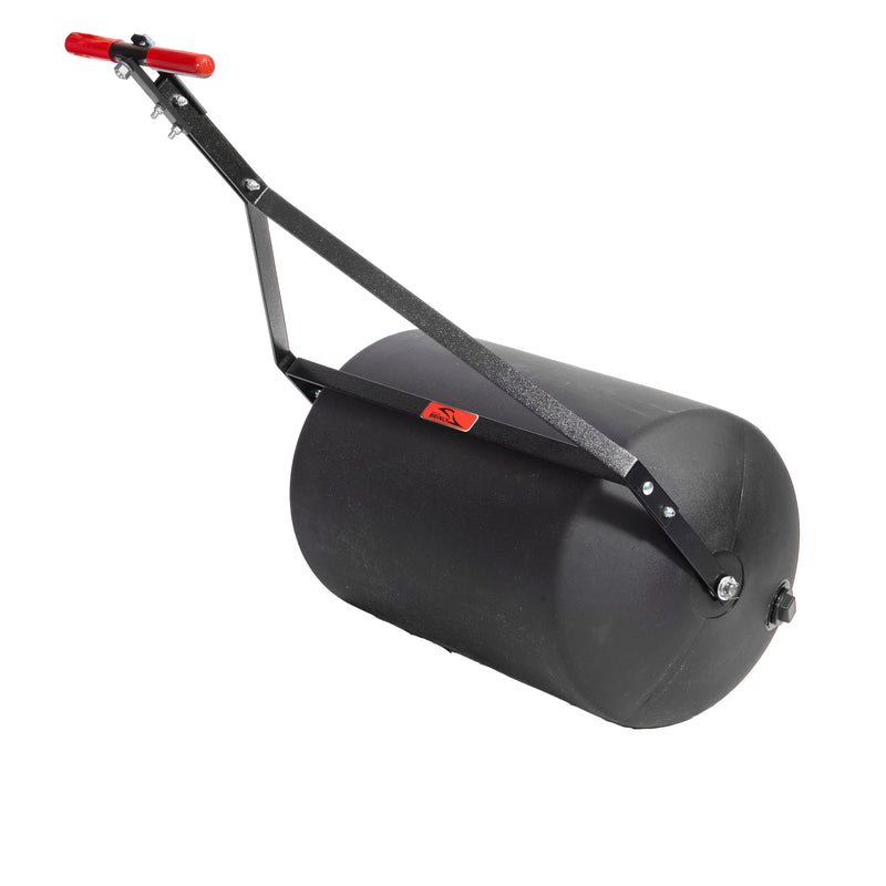 A black lawn roller with a large cylindrical drum and a long metal handle featuring red grips, designed for flattening soil or grass surfaces.