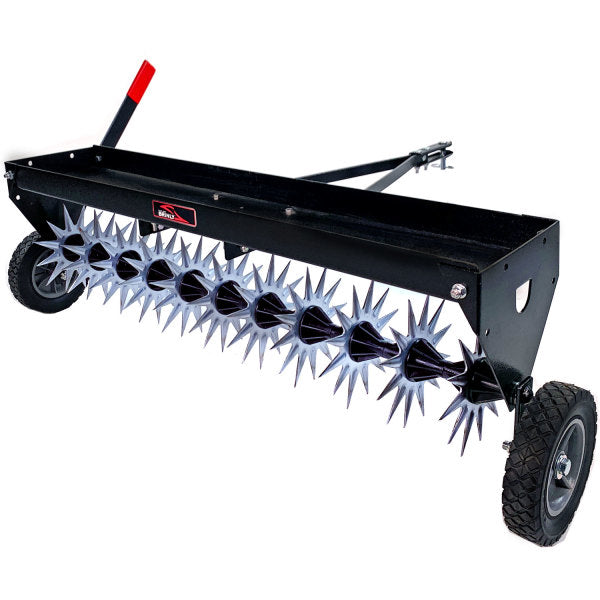 A black lawn aerator with spiked rotating wheels, two black tires, and a metal handlebar, used for puncturing soil to improve lawn health.