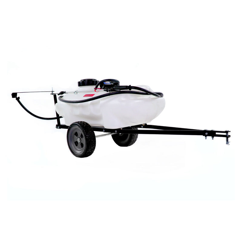 White tow-behind lawn sprayer with a large plastic tank, two black wheels, and a long metal frame with a hitch for attaching to a vehicle or lawn tractor.