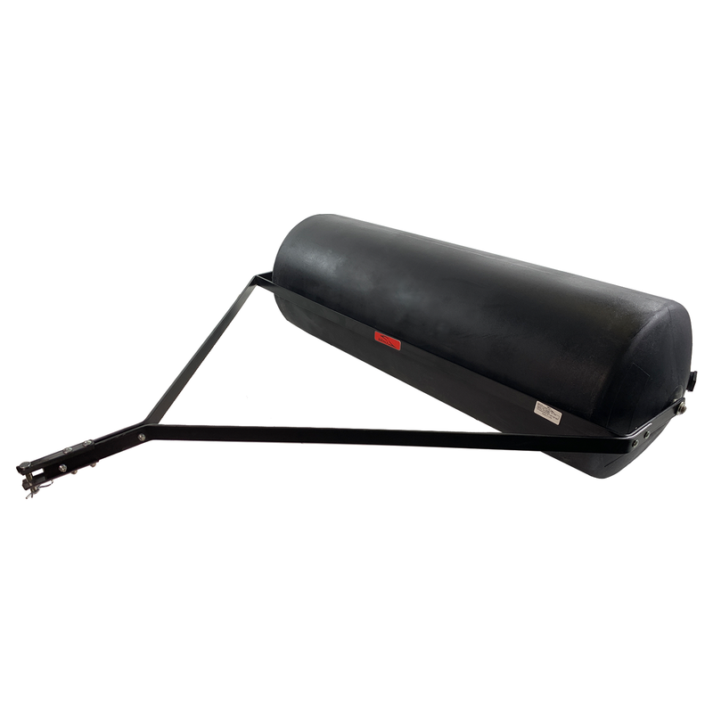 A black cylindrical lawn roller with a metal tow bar attachment, designed for leveling soil or grass, shown on a white background.