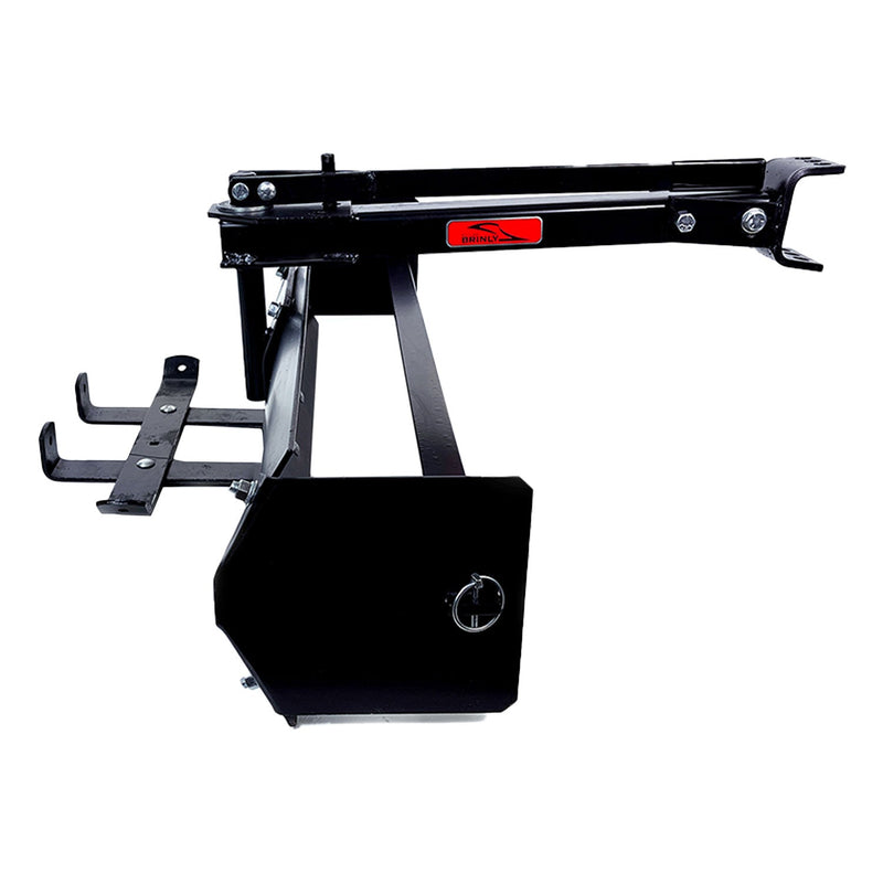 Black metal agricultural tractor attachment with a rectangular body, angled arm, and two-prong hook, viewed from the side against a white background.