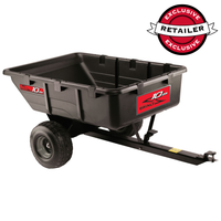 A black Brinly Parts 10 Cu. Ft. Poly Cart (PCT-101BH) with two large wheels and a towing handle is shown at an angle, featuring a red and white Exclusive Retailer badge—ideal for use with lawn mowers.