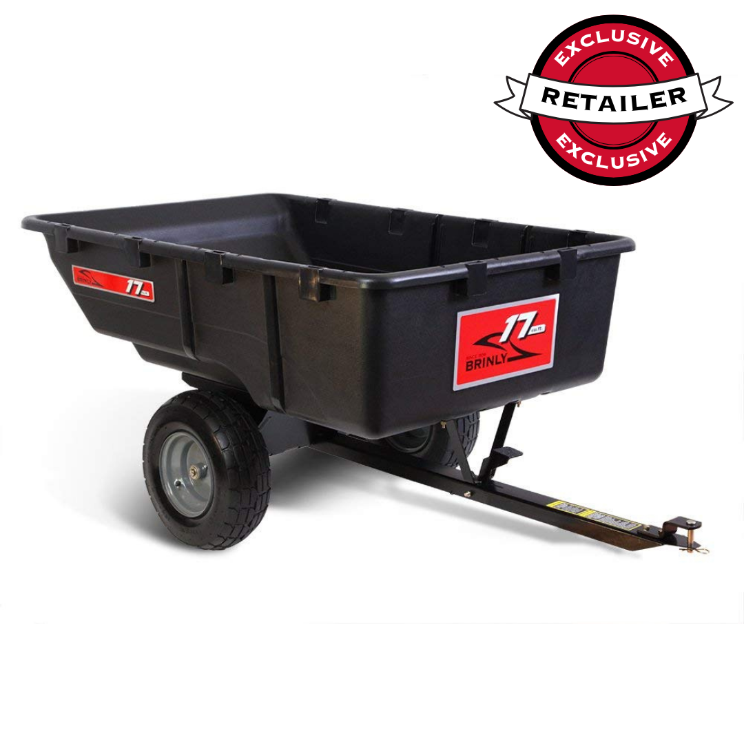 A Brinly Parts 17 Cu. Ft. Poly Cart (PCT-17BH) in black, with two large wheels and a red Brinly decal, is displayed on a white background. A red and black Exclusive Retailer badge appears at the top right, highlighting its capacity.