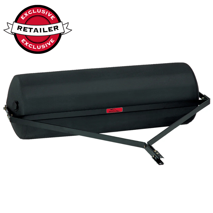 The Brinly Parts 54 Gallon Tow-Behind Poly Roller (PRT-482SBH) features a black cylindrical drum, metal frame, vehicle tow bar, and 485 lb. capacity—ideal for lawn care enthusiasts. Exclusive Retailer Exclusive badge in red and black shown.