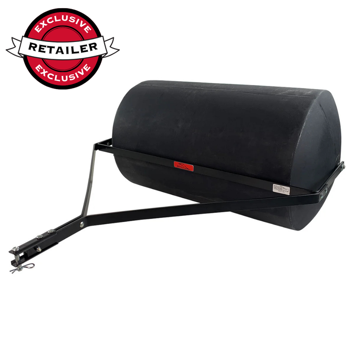 The Brinly Parts 76 Gallon Tow-Behind Poly Roller (PRT-362BH) is a large black lawn roller with a metal frame and tow bar, featuring a Retailer Exclusive badge. Its heavy-duty polyethylene drum ensures professional-grade lawn rolling results.