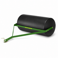 A John Deere 36" Lawn Roller (PRT-361SJD/LPPRT36JD) featuring a black cylindrical poly drum and a green metal frame with hitch, displayed on a white background.