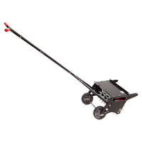 The Brinly Parts 20 Push Spike Aerator features 3D galvanized steel tines, spiked wheels, a long handle with red grips, and a weight container. Ideal for aerating lawns to enhance soil health and promote vibrant growth.