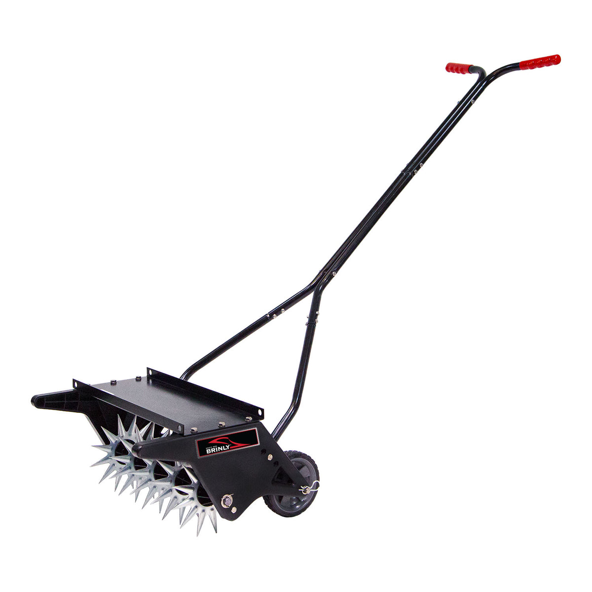 The Brinly Parts 20 Push Spike Aerator features a durable base with 3D galvanized steel tines, dual wheels, and a long black handle with two red grips, all mounted on a rectangular frame for easy manual lawn aeration.