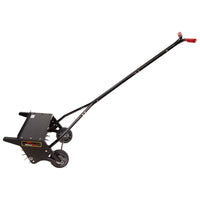 The Brinly Parts 20 Push Spike Aerator features 3D galvanized steel tines, a black metal frame with a long handle, and a red grip. Its spiked wheels aerate your lawn effectively, while the weight compartment ensures deeper soil penetration.