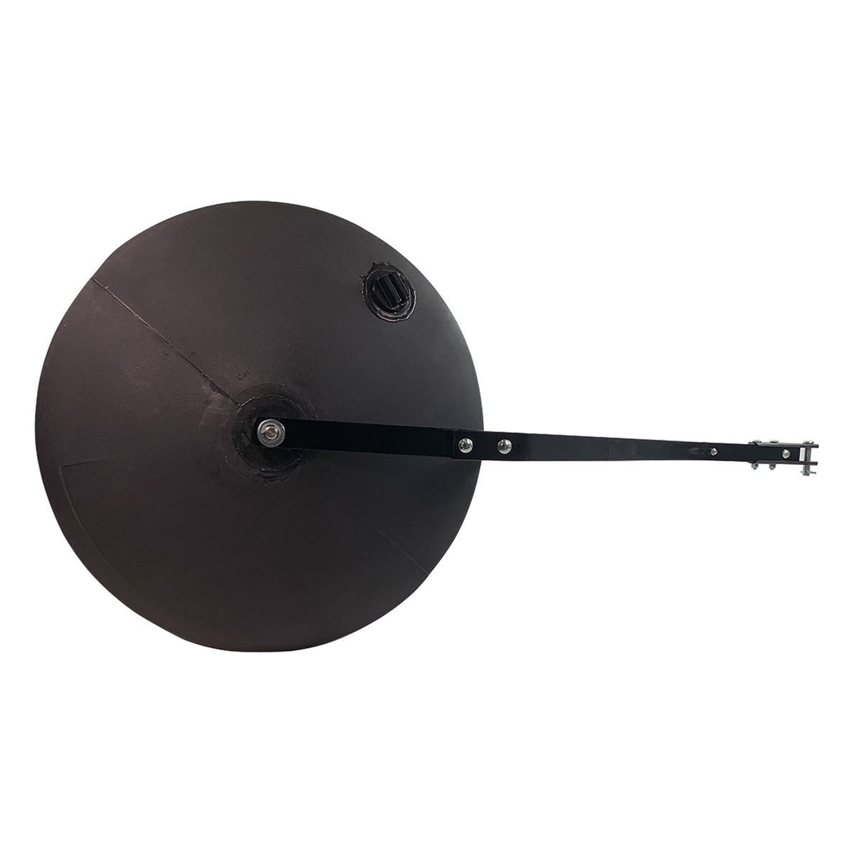 A large, black, round disc resembling the 76 Gallon Tow-Behind Poly Roller (PRT-362BH) by Brinly Parts features a long black arm attached to its center, bolts and fittings, and a small circular hole near the edge. The background is white.