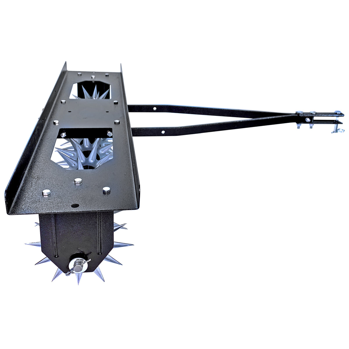 The Brinly Parts 40" Tow-Behind Spike Aerator with Extra-Strength Double Tow Bar (SA2-40BH-P2) is a black metal aerator featuring spiked cylindrical rollers and a hitch for lawn tractor or ATV attachment, shown angled to highlight its structure and spikes.