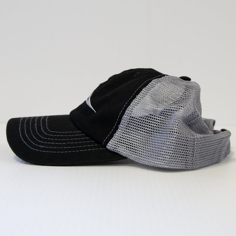 The Brinly Parts Brinly Gray & Black Baseball Cap features a curved bill and mesh back panels, shown here in dark gray on a white surface with a plain white background.