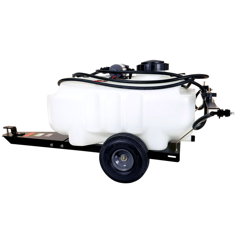 The 25 Gallon Tow-Behind Sprayer | ST-251BH by Brinly Parts features a large white plastic tank, black hoses, and nozzle. Mounted on a black metal frame with two rubber wheels, it provides easy transport and precise liquid fertilizer application in gardens or fields using Ultra Lo-Drift™ spray tips.