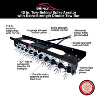 The Brinly Parts Spike Aer 40 is a black 40-inch tow-behind spike aerator with double tow bar, steel tray, 3D spiked tines for effective soil aeration, nylon spacers, reinforced side plates, and a universal hitch.