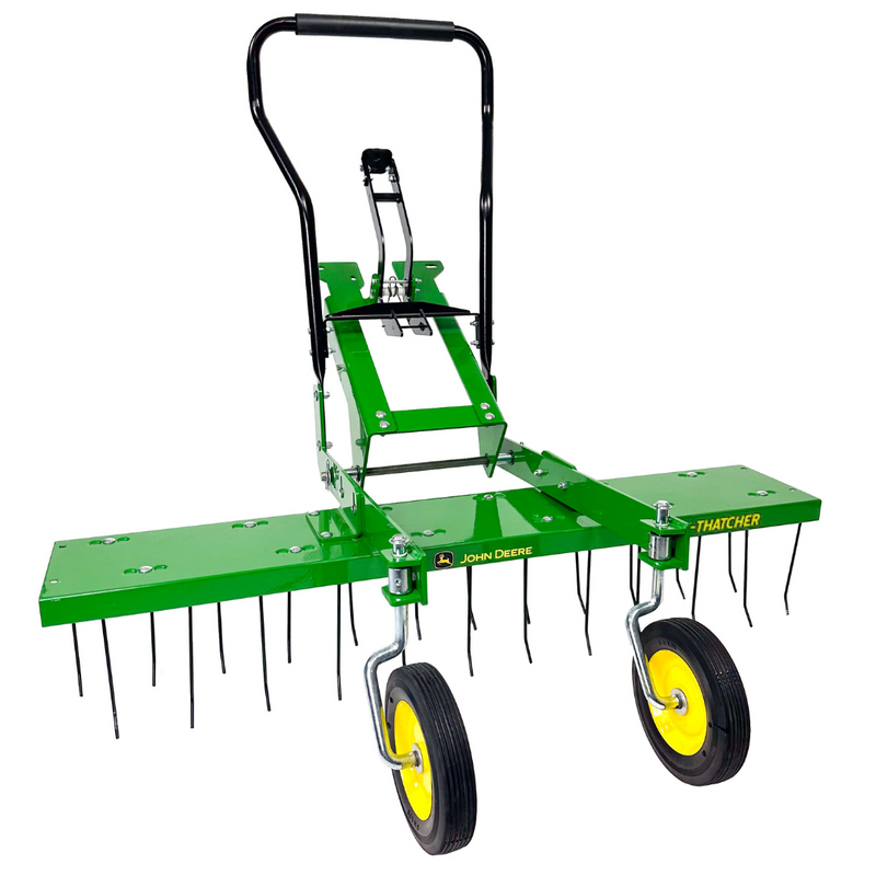 The John Deere Front-Mount 48 ZTR Dethatcher (LP83252) features a sturdy metal frame, black handlebar, two black wheels, and flexible spring tines for removing lawn thatch with your John Deere Z-Trak Mower.