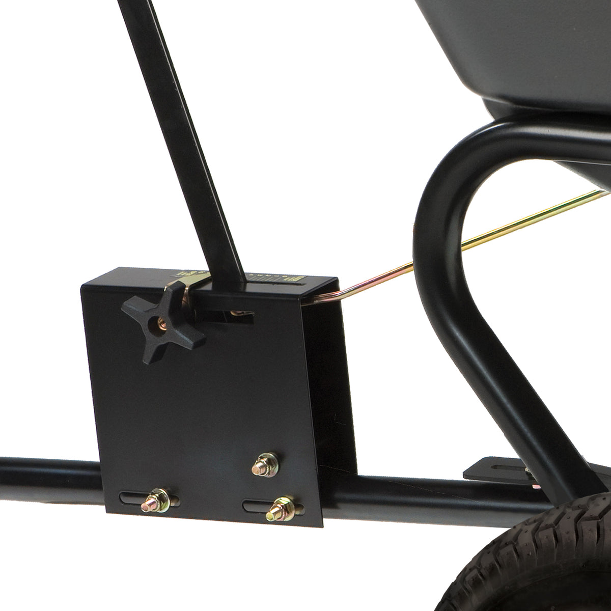 A close-up view reveals a black metal frame with a handle and bolts, connected to a rubber tire, likely part of the Brinly Parts 175 Lb. Tow-Behind Spreader (BS36BH). This rust-proof polyethylene frame ensures durability for versatile garden tasks.