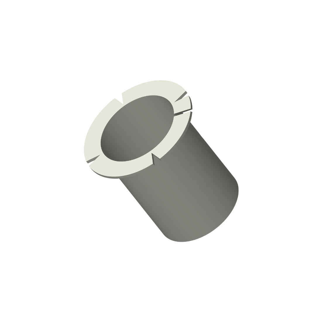 A Brinly Parts B-4866 3/4-in nylon bearing, gray and cylindrical with a white flange at one end featuring three evenly spaced notches, is displayed at an angle against a white background.