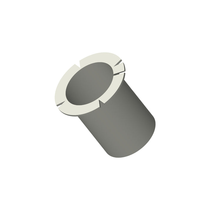 A Brinly Parts B-4866 3/4-in nylon bearing, gray and cylindrical with a white flange at one end featuring three evenly spaced notches, is displayed at an angle against a white background.