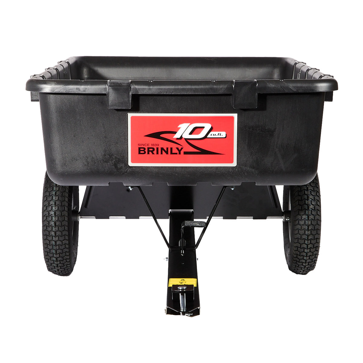 Front view of the Brinly Parts 10 Cu. Ft. Poly Cart (PCT-101BH) featuring a large black plastic container and durable build—ideal for outdoor utility tasks.