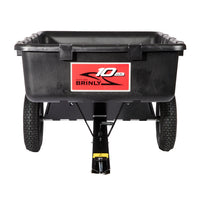 Front view of the Brinly Parts 10 Cu. Ft. Poly Cart (PCT-101BH) featuring a large black plastic container and durable build—ideal for outdoor utility tasks.
