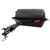 The Brinly Parts 28 Gallon Push or Tow Poly Lawn Roller (PRC-242BH) is a black cylindrical roller with a sturdy tow handle and red side label, designed to flatten soil or grass surfaces with ease.