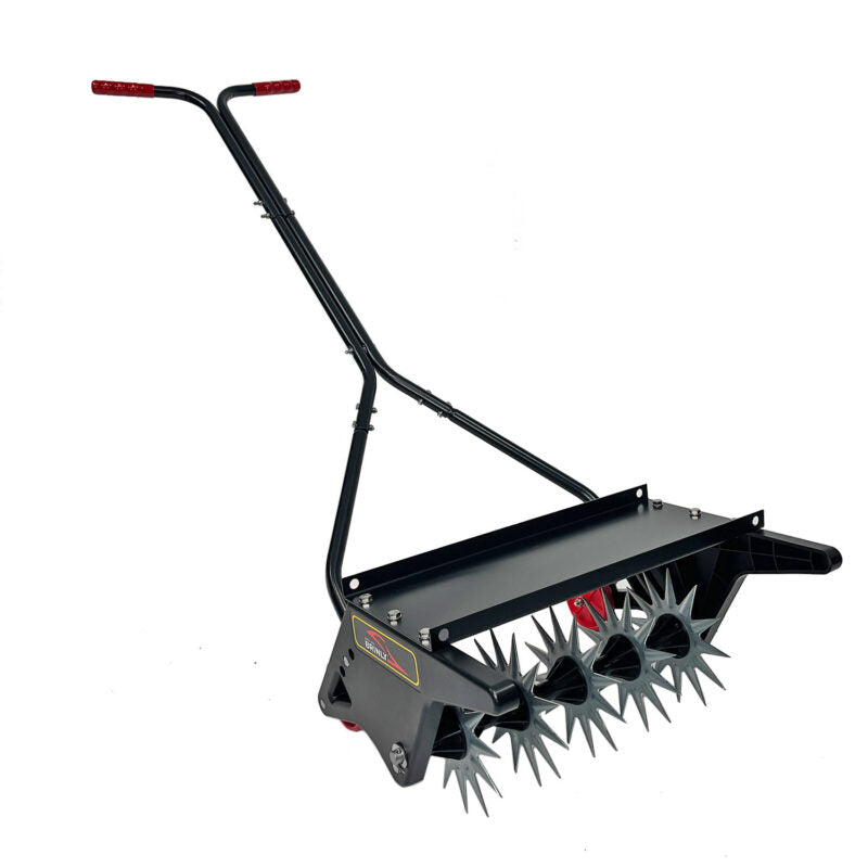 The Brinly Parts 18 Push Spike Aerator, with black metal frame and spiked wheels, is ideal for lawn aeration. It features a long handle with red grips and 3D galvanized steel tines for efficient soil perforation.