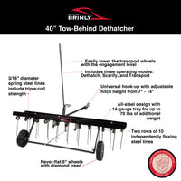 Explore the Brinly Parts 40″ Tow-Behind Dethatcher DT2-40BH-G, ideal for thatch removal with its triple-coil spring tines, adjustable hitch height, never-flat wheels, extra weight tray, and modes for dethatching, scarifying, and transport.